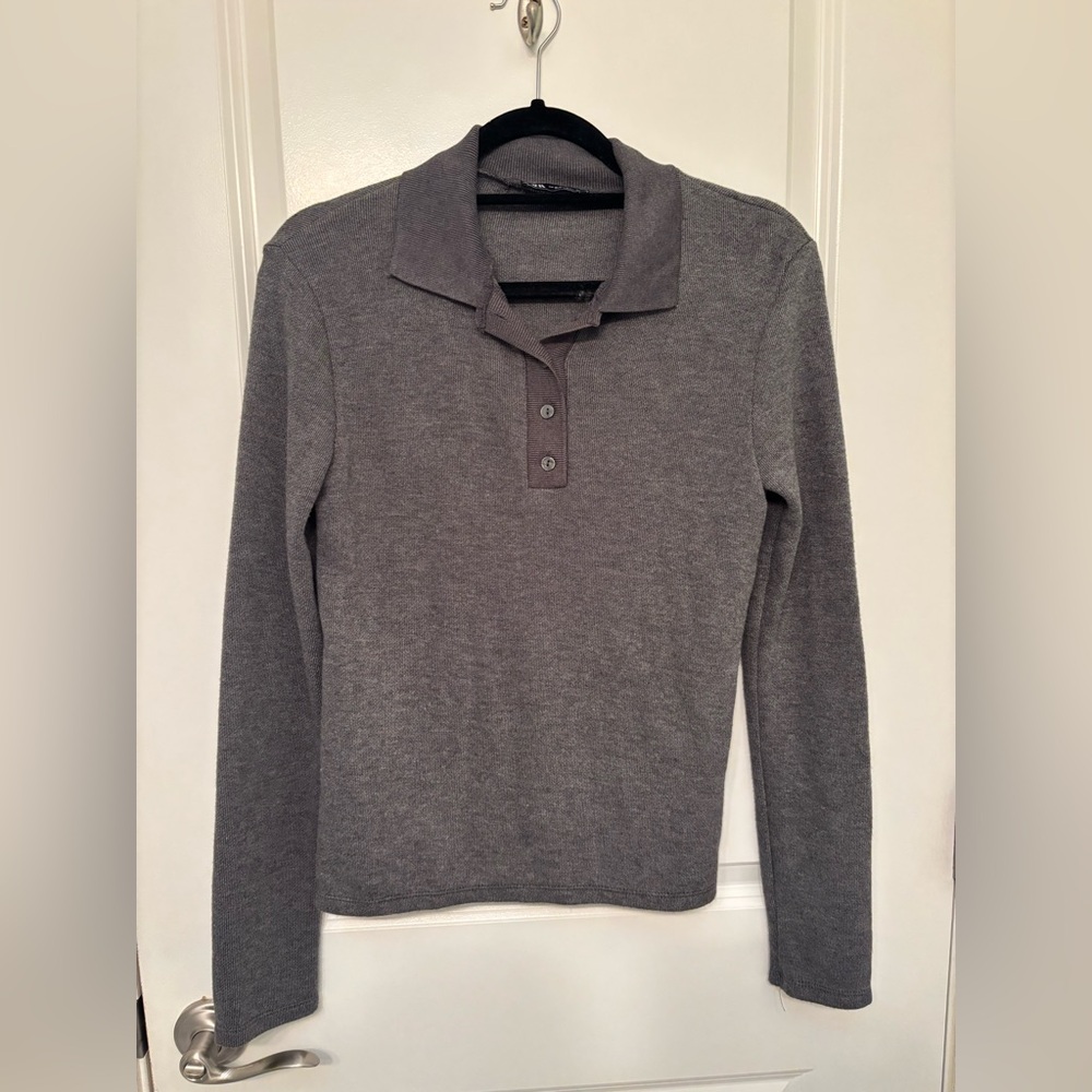 Zara Gray Long Sleeve Polo Shirt